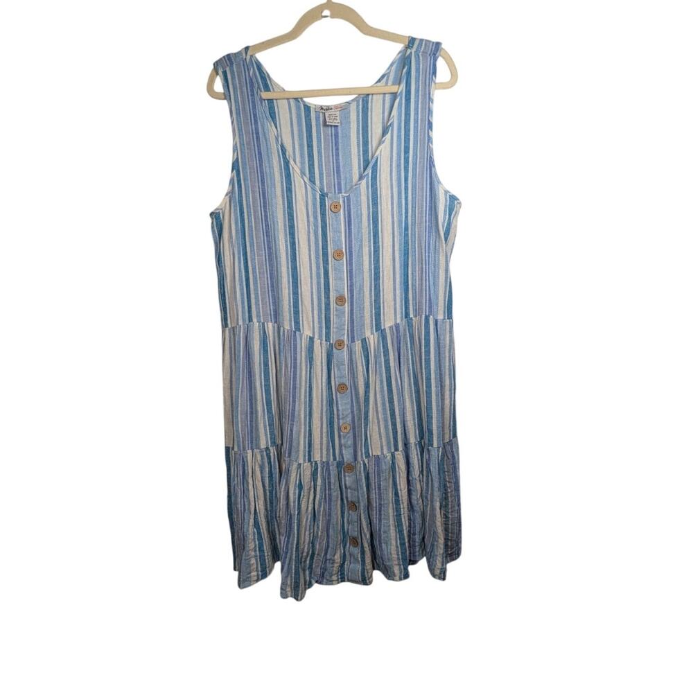 Marissa Olivia XL Blue Linen Blend Striped Dress Tiered Sleeveless Scoop Neck